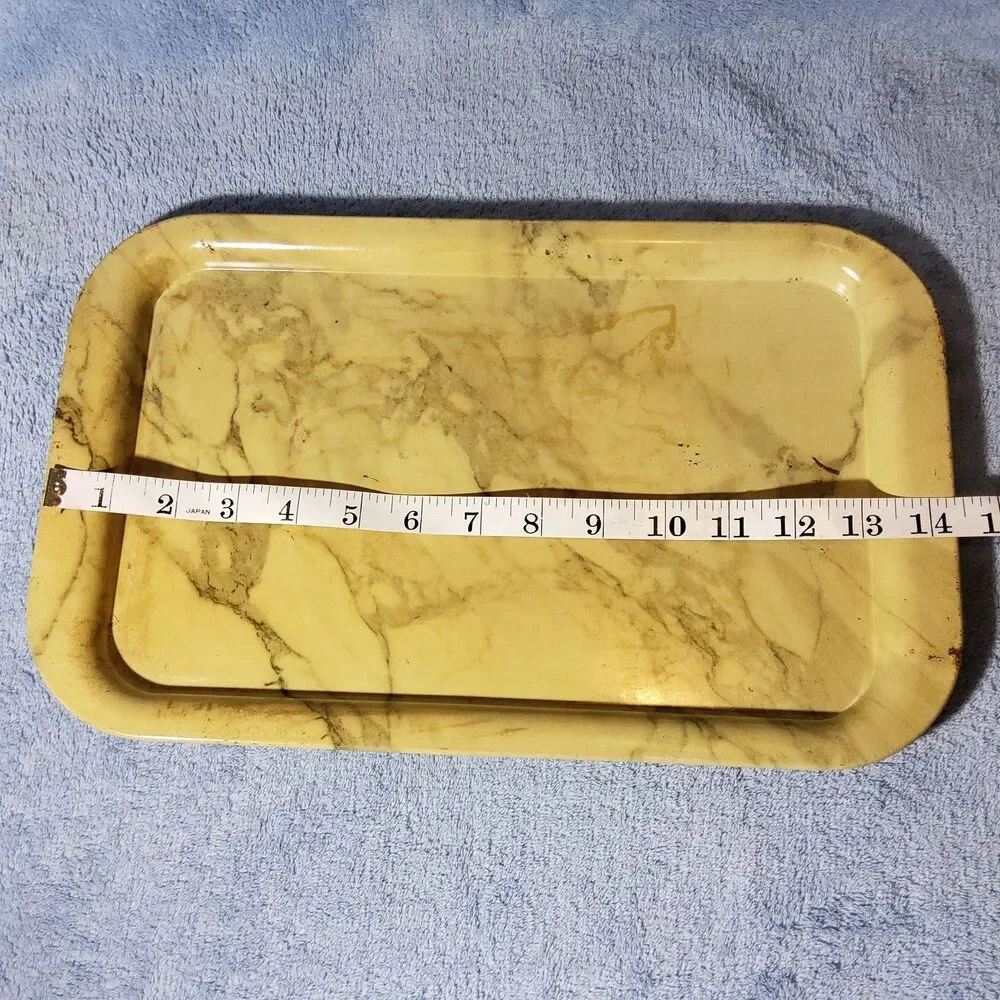Vintage Serving Trays Cafeteria Lunch Metal Lap TV Marbled Gray Gold 14.5